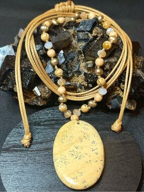 🌑Dendritic Picture Jasper Freshwater Pearl Glass Adjustable Necklace🌑